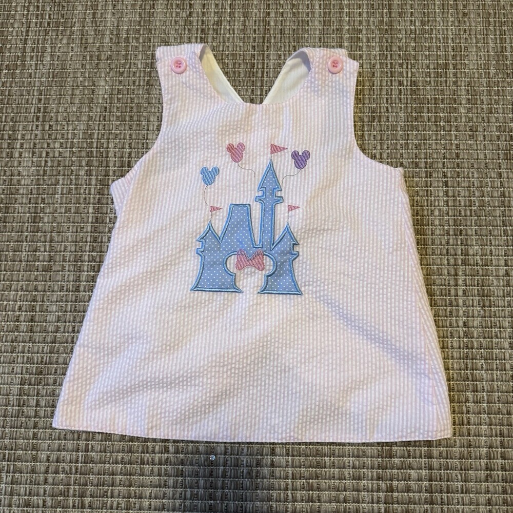 Pink Seersucker Disney Castle Appliqué Girls Matching Set Top